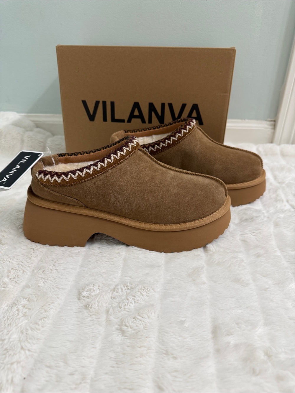 Brand New In Box Platform Fur Lined Slippers Chestnut Brown 7